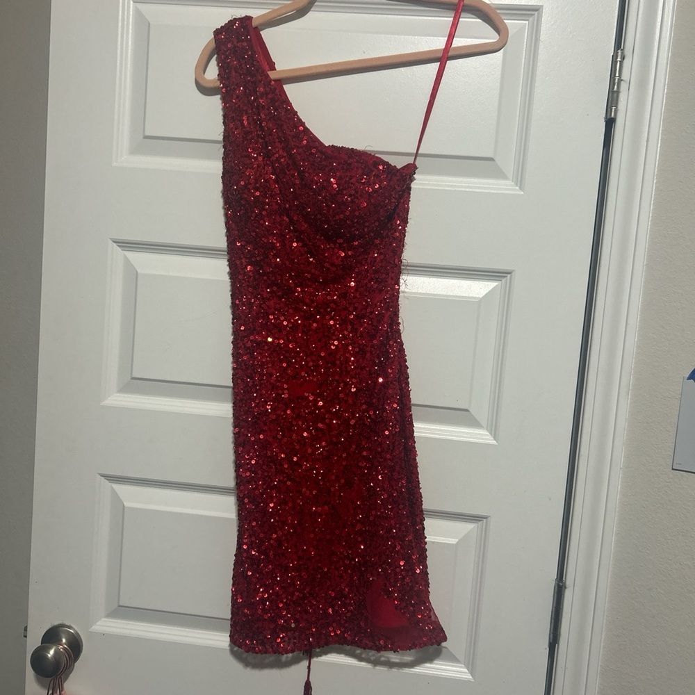 Red Sequin One-Shoulder Dress